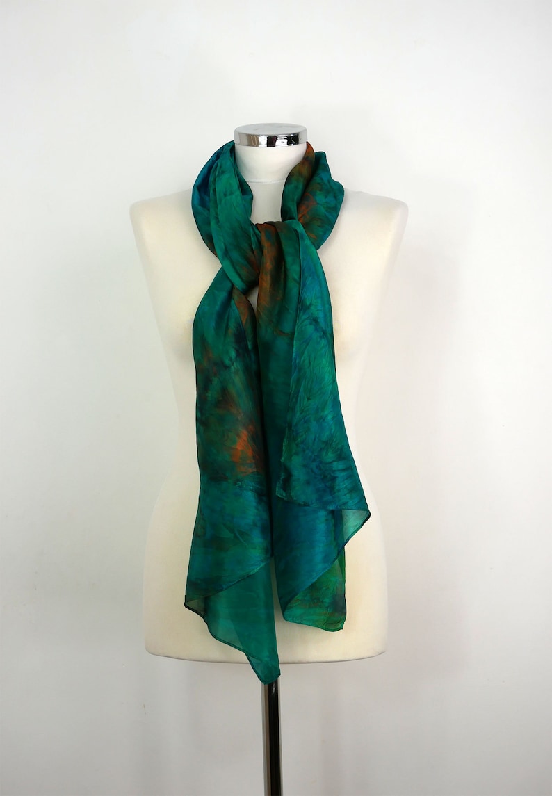 Green silk scarf Emerald maze Self gift uk Hand dyed silk scarf Birthday gift her Lightweight silk scarf Brown orange green scarf silk women zdjęcie 3