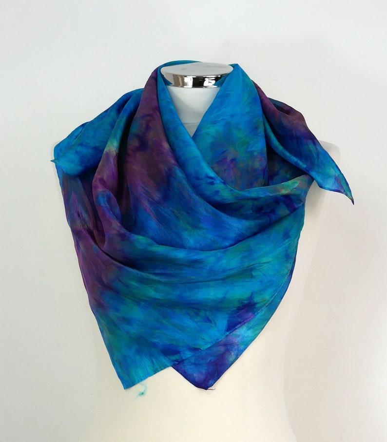 Blue silk scarf square Atoll Blue purple green silk scarf women Hand dyed square scarf Birthday gift mum Silk gifts uk Summer silk scarf uk image 1