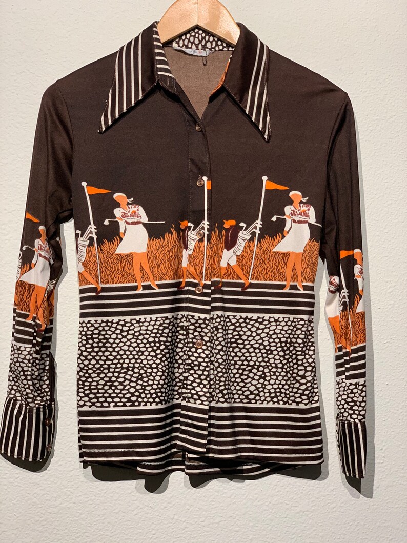 Ladies vintage golfer print shirt button up disco