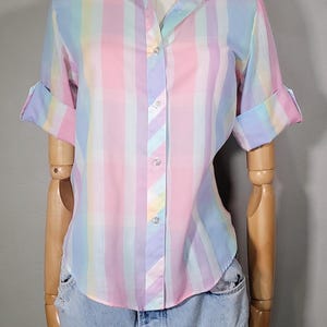 Vintage 1980s Shirt Accents Blue & Pink Plaid Short Sleeve Blouse