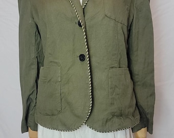 Cartonnier Anthropologie Olive Green Linen/Cotton Piped Boy Blazer, Size 8