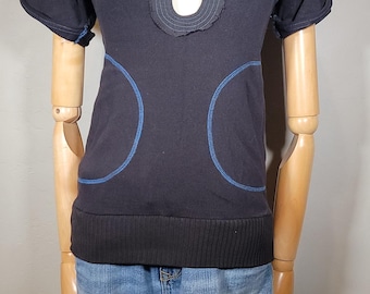 Vintage Free People Women's Black and Blue Keyhole Sweater Blouse