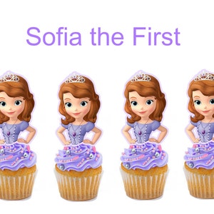 May include: Four purple and white cupcake toppers featuring Sofia the First, a Disney princess, wearing a purple dress and a tiara. The cupcakes are decorated with purple and white frosting and sprinkles.
