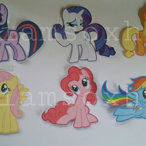 May include: Six colorful My Little Pony characters, including Twilight Sparkle, Rarity, Pinkie Pie, Fluttershy, Rainbow Dash, and Applejack. The characters are cut out and ready to be used for crafts or decorations.