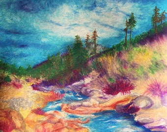 Lake Tahoe River Stream Pastel Drawing. Mountainous Landscape Pastel Artwork. Original Art by Artist. Framed Art.