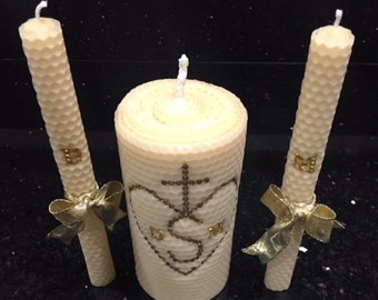 Custom Wedding Unity Candle Set Made with Natural Beeswax w/Gold Embellishments. Personalized Hand-rolled Honeycomb Beeswax Pillar Candles.