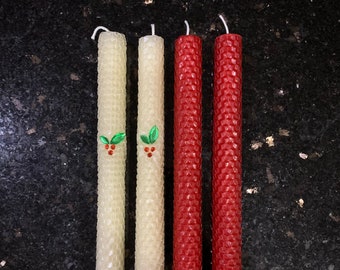 Christmas Holiday 8in Taper Candles (4-pc). Hand-rolled Honeycomb Beeswax Candles