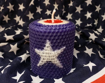 Honeycomb Beeswax 3in Pillar Candle. American Flag Color Patriotic. USA Star Design. Hand-rolled Artisan Red White and Blue Natural Candle