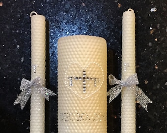 Custom Wedding Unity Candle Set w/Silver Embellishments. Personalized Hand-rolled Honeycomb Beeswax Ceremony Candles. Wedding Gift Ideas