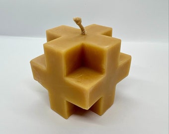 Natural Beeswax Cross Shaped Pillar Candle 2.5” x 2.5” | Handcrafted Pure Beeswax Pillar