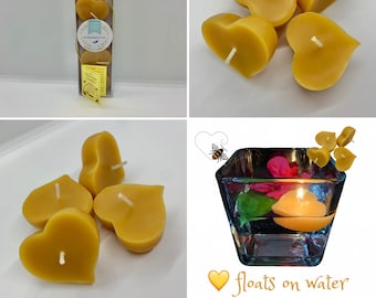 Natural Beeswax Heart Shaped Floater Candles (5-pack) | Handcrafted Pure Beeswax Water Floating Candles