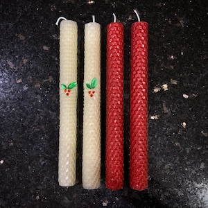 Christmas Holiday 8in Taper Candles (4-pc). Hand-rolled Honeycomb Beeswax Candles