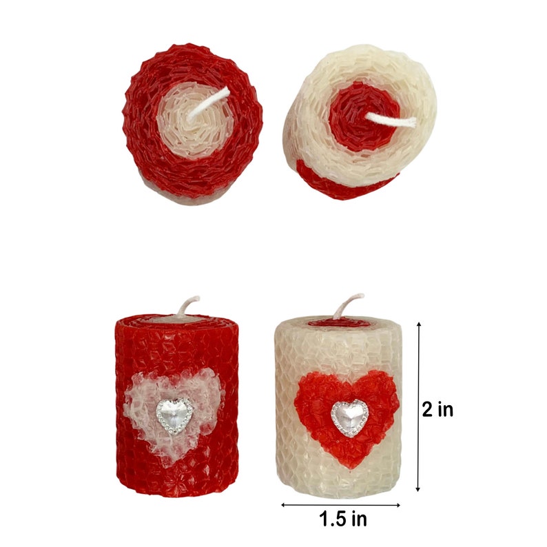 Love Theme 2in Handrolled Beeswax Votive Candles Heart Shape Valentines Day Design Candles Red and White Color Roses Scented Votives image 2