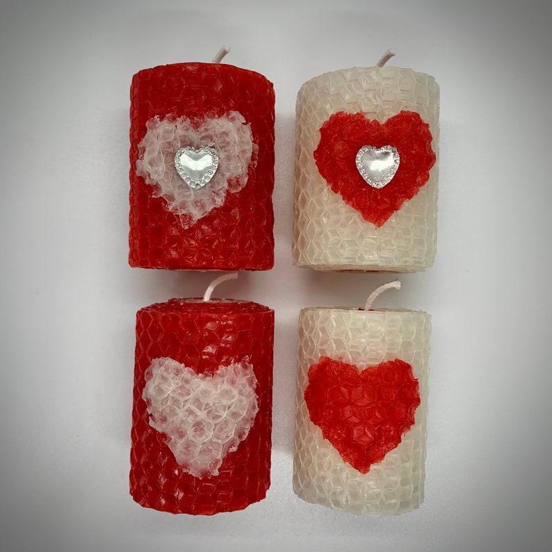 Love Theme 2in Handrolled Beeswax Votive Candles Heart Shape Valentines Day Design Candles Red and White Color Roses Scented Votives image 6