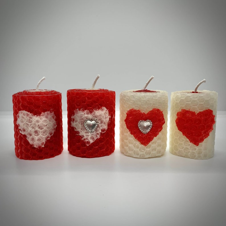 Love Theme 2in Handrolled Beeswax Votive Candles Heart Shape Valentines Day Design Candles Red and White Color Roses Scented Votives image 5