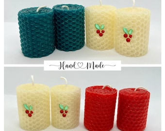 Christmas Holiday Votive Candles | Hand-rolled Honeycomb Beeswax with Holly and Berries Design | Seasonal Red White Green Candles