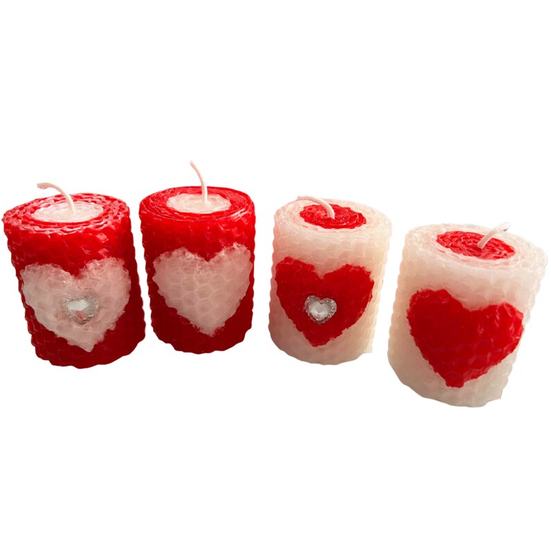 Love Theme 2in Handrolled Beeswax Votive Candles Heart Shape Valentines Day Design Candles Red and White Color Roses Scented Votives image 3