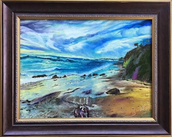 California Beach Oil Painting on Canvas. Original Art Beach Landscape. Seascape Beach Art Piece. Framed Artwork.