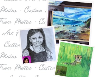 Könnte beinhalten: Drei maßgeschneiderte Kunstwerke, die aus Fotos erstellt wurden. Das erste ist eine Bleistiftzeichnung eines jungen Mädchens, das zweite ist ein Gemälde einer Strandszene und das dritte ist ein Gemälde eines Geparden im hohen Gras.
