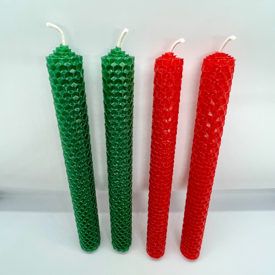 Holiday Beeswax Candles 2 Red and 2 Green Taper Beeswax Candles
