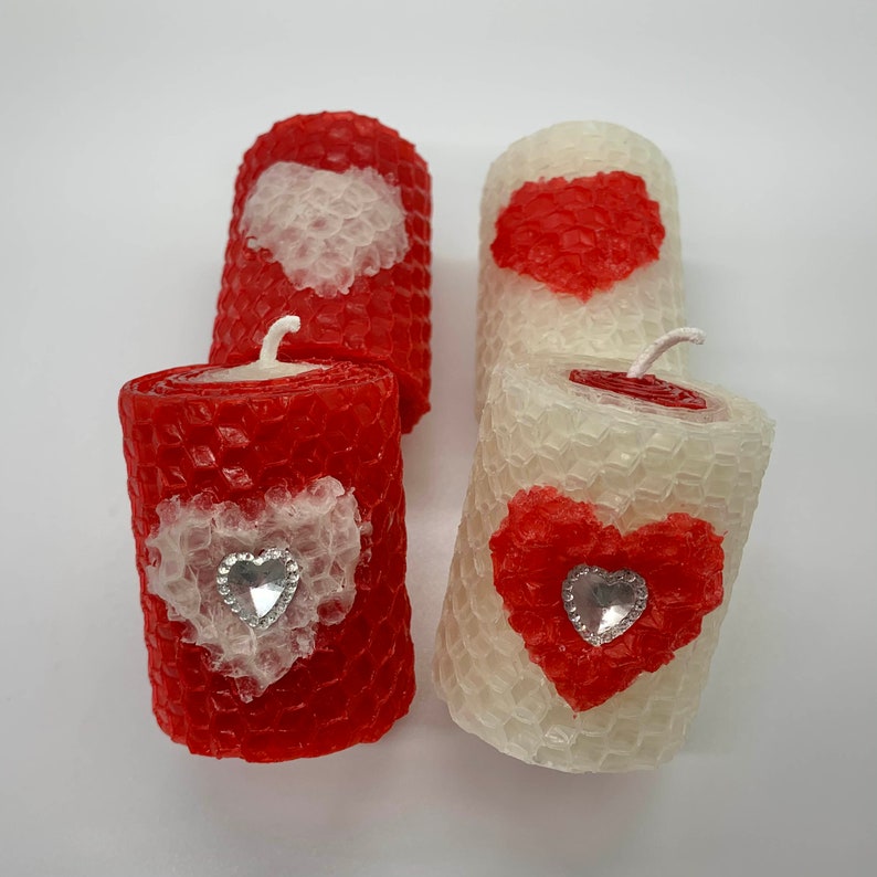 Love Theme 2in Handrolled Beeswax Votive Candles Heart Shape Valentines Day Design Candles Red and White Color Roses Scented Votives image 4