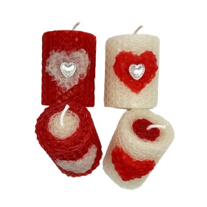Love Theme 2in Handrolled Beeswax Votive Candles Heart Shape Valentines Day Design Candles Red and White Color Roses Scented Votives image 1