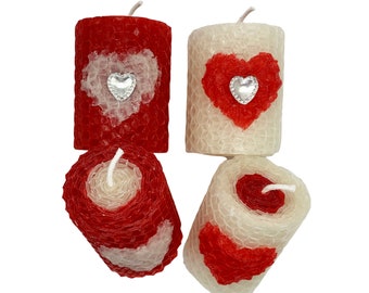 Love Theme 2in Handrolled Beeswax Votive Candles | Heart Shape Valentine’s Day Design Candles | Red and White Color Roses Scented Votives