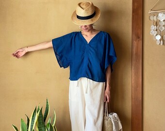 Indigo Blouse, Indigo Tops, Summer Tops, Natural dyed Tops, Indigo Kimono , Indigo dyed Tops, Kimono Tops