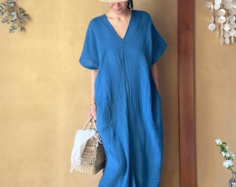 Double Gauze Indigo Kaftan Dress, Natural Dye Maxi Beach Cover-up