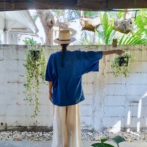 Puede incluir: Una persona con una camisa azul y pantalones beige se encuentra frente a una pared de ladrillo blanco. Lleva un sombrero de paja y est&aacute; de espaldas a la c&aacute;mara. Hay plantas colgantes en la pared.