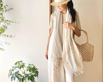 Linen Cotton Stole Shawl, Natural White-Beige, Hand-Fringed, Large Scarf