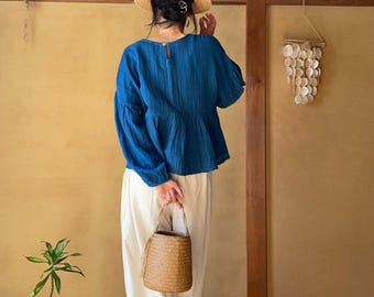Indigo Cotton Double Gauze Frill Blouse, Balloon Sleeve Top
