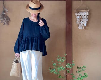 Gauze blouse, Black tops, Frill blouse, Cotton tops, Balloon sleeve blouse,  Double gauze tops, Oversized Blouse, Double gauze blouse