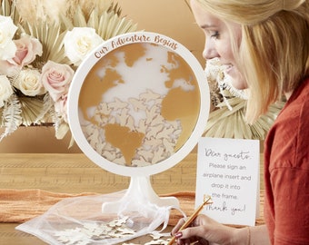 Wedding Guest Book Alternative - Beauty Globe Guestbook - White & Gold Shadow Box Frame - Airplane Guest Book - Wedding Table Décor