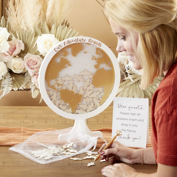 Wedding Guest Book Alternative - Beauty Globe Guestbook - White & Gold Shadow Box Frame - Airplane Guest Book - Wedding Table Décor