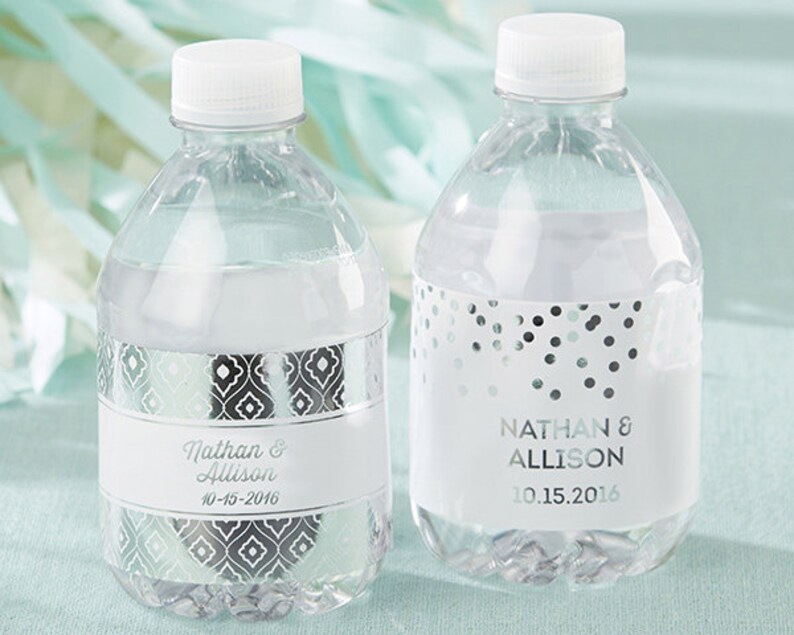 SET of 24 Personalized Water Bottle Labels Silver Foil Wedding Custom Bottles Glitz Glam Bridal Shower Beach Destination Bachelorette Party
