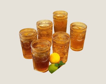 Modern Amber Gold Brown Hobnail Tumbler Drinking Glasses Set/6 Modern Embossed Holiday Glassware Drinkware Barware Cocktail Party Glass Cup