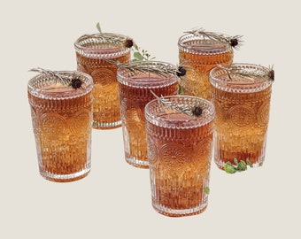 Vintage Hobnail Clear Tumbler Drinking Glasses Set of 6 Modern Boho-Style Embossed Glassware Holiday Cocktail Party Old-Fashioned Glass Cups