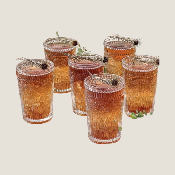 Vintage Hobnail Clear Tumbler Drinking Glasses Set of 6 Modern Boho-Style Embossed Glassware Holiday Cocktail Party Old-Fashioned Glass Cups