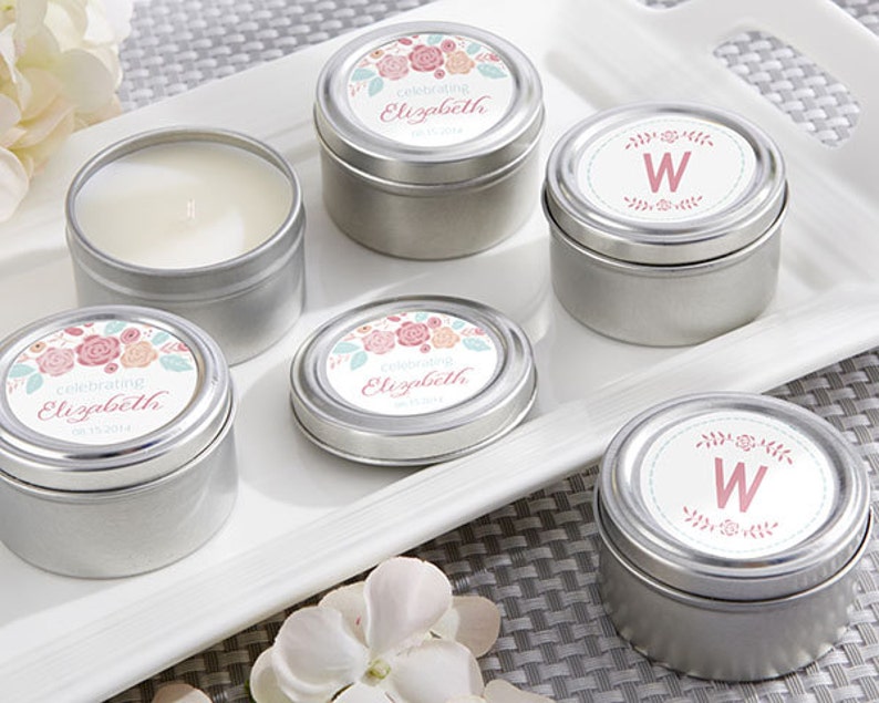 Personalized Travel Candle Rustic Bridal Shower Collection Blush Floral Monogram Custom Candles Tin Can Shabby Chic Wedding Bridal Favors