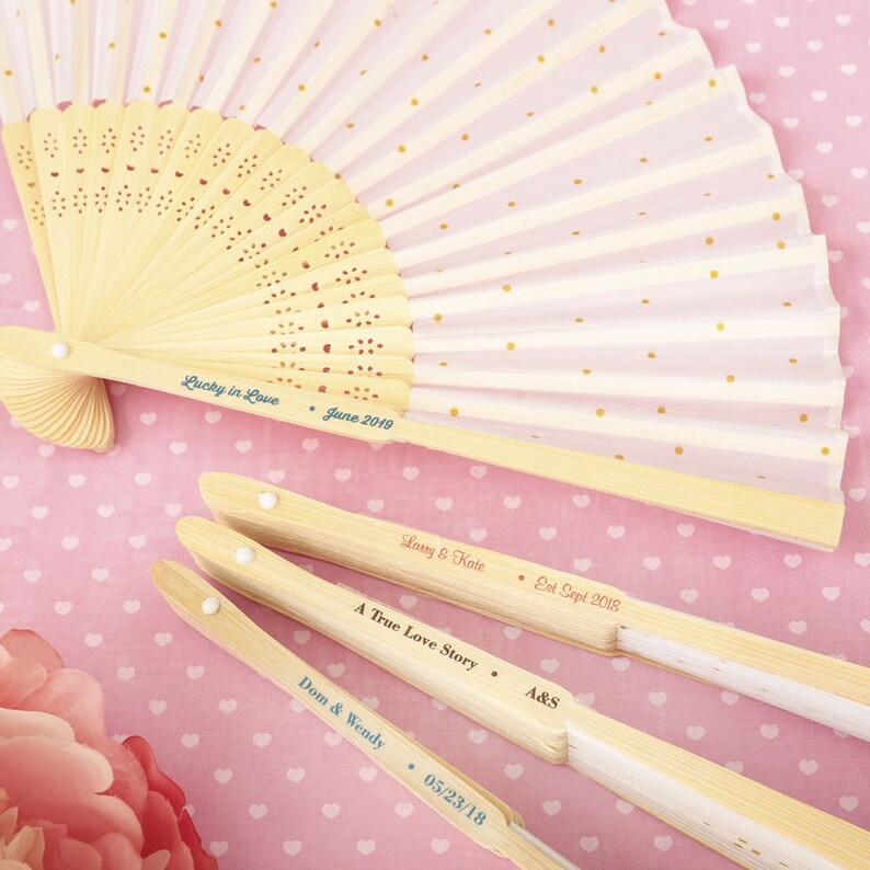 Personalized Collection Gold Dot Silk Folding Fan Favor Glitz Glam Wedding Hand Held Custom Fans Destination Beach Outdoor Bridal Shower