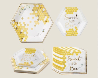 Sweet As Can Bee White Gold Yellow Tableware Set of 16 Bee-Themed Premium Paper Party Plates Napkins Disposable Baby Shower Birthday Supply