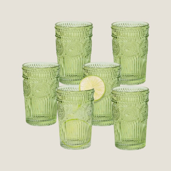 Vintage Hobnail Sage Olive Green Tumbler Drinking Glasses Set of 6 Modern Boho Embossed Easter Spring Holiday Glassware Party Glass Cups