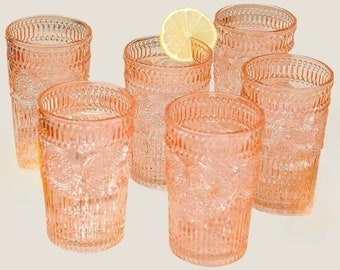 Vintage Hobnail Rose Gold Blush Pink Tumbler Drinking Glasses Set 6 Modern Boho-Style Embossed Holiday Glassware Cocktail Party Glass Cups