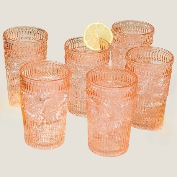 Vintage Hobnail Rose Gold Blush Pink Tumbler Drinking Glasses Set 6 Modern Boho-Style Embossed Holiday Glassware Cocktail Party Glass Cups