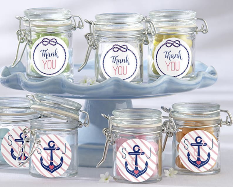 Personalized Glass Favor Jars Nautical Bridal Shower Collection Set of 12 Monogram Stripes Anchor Knot  Candy Containers Beach Rustic Favor