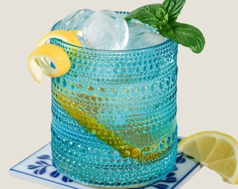 Vintage inspirierte Aqua Hobnail Becher - Set mit 6 modernen Boho Perlen Glaswaren Rocks Cocktail Party Gläsern