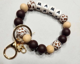 Porte-clés maman imprimé vache : bracelet en perles avec crochet en or rose