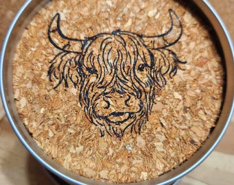 Sous-verres vache Highland : ensemble de sous-verres en liège avec couvercle de pot Mason