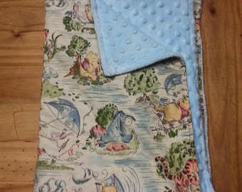 Couverture pour bébé Ourson : coton vintage et minky bleu layette